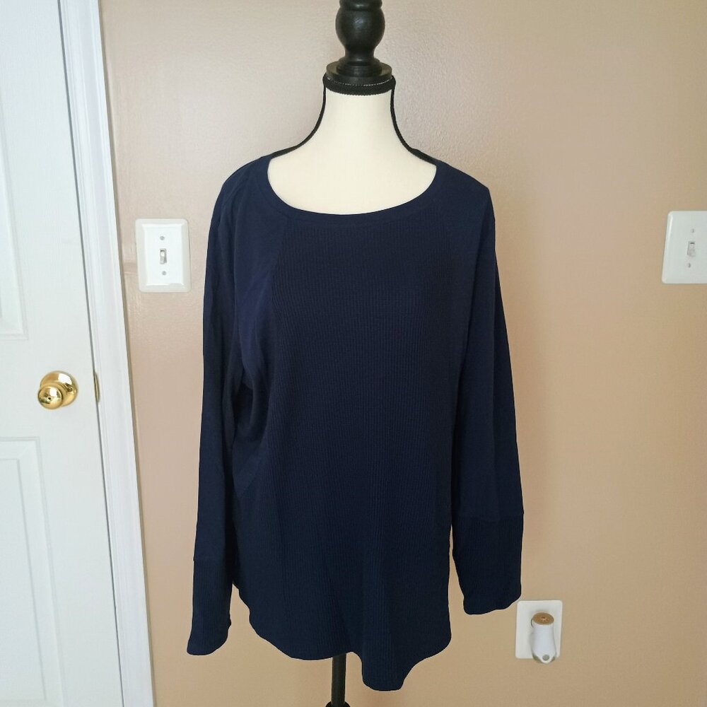 QVC-KIM GRAVEL-NAVY BLUE-RIBBED LONG SLEEVE ROUND NECK TOP-SIZE 1X-COTTON/POLY
